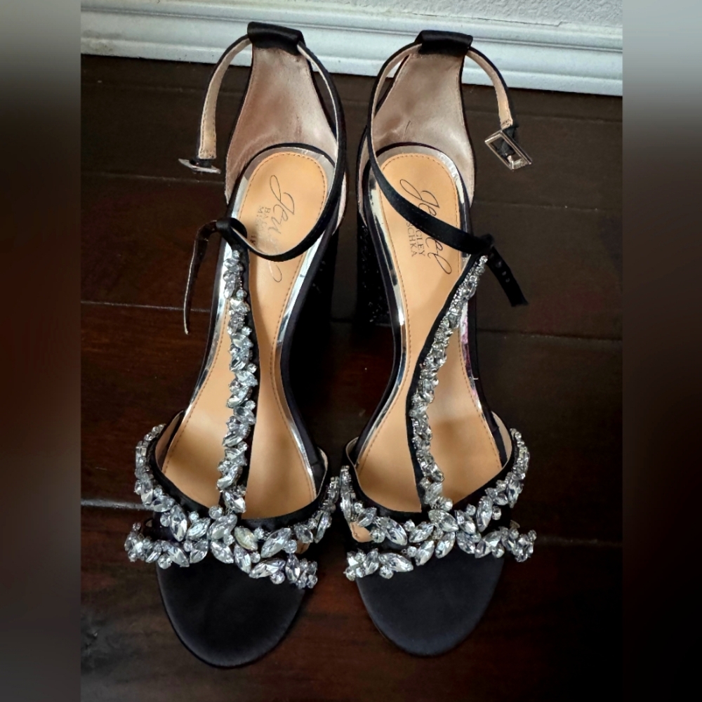 Elegant Black Satin Heels with Crystal Embellishments